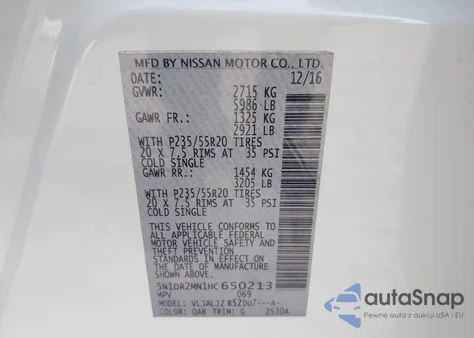 2017 Nissan Pathfinder Platinum z USA, uszkodzony, nr VIN 5N1DR2MN1HC650213